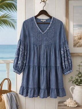 Solitaire | Dresses | Chic Floral On Denim Mini Dress With Belt By Solitare